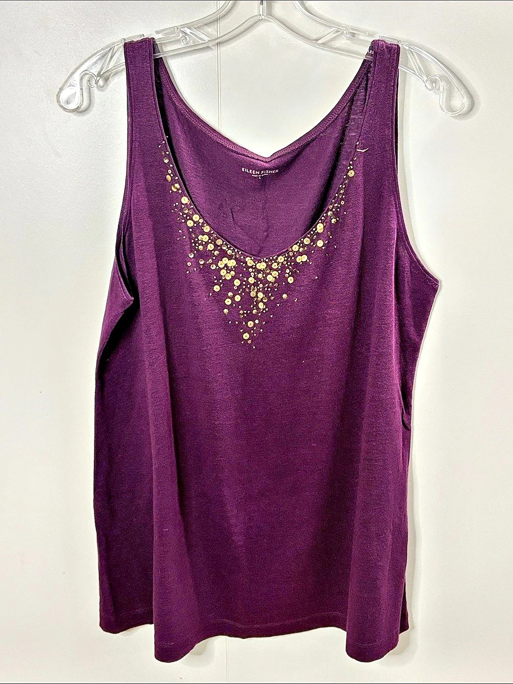 Eileen Fisher 100% Linen Embellished Tank Top in Purple Large like new